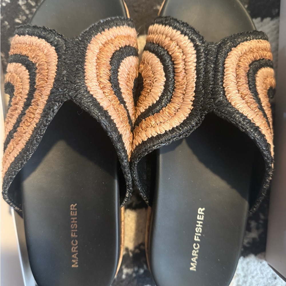 Marc Fisher Black and Tan Woven Sandals